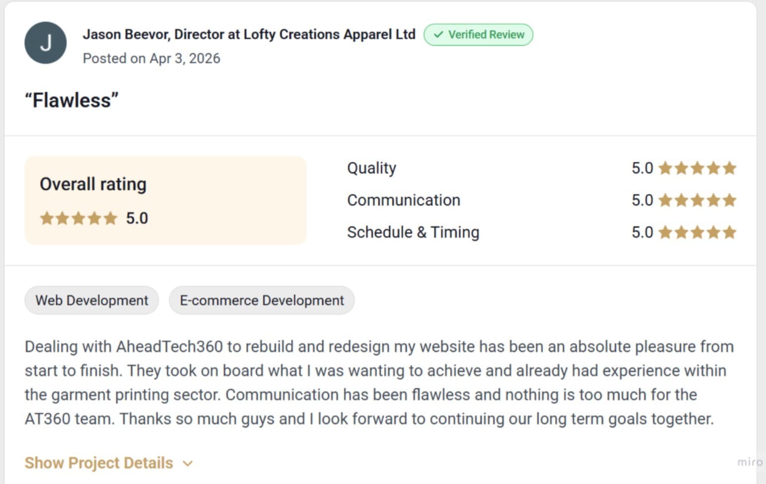 Five-star GoodFirms review titled “Flawless” from the director of Lofty Creations Apparel