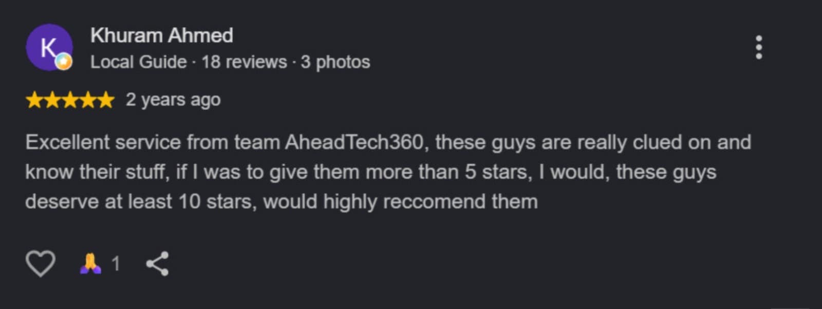 Five-star Google review from Khuram Ahmed: “Excellent service from team AheadTech360.”