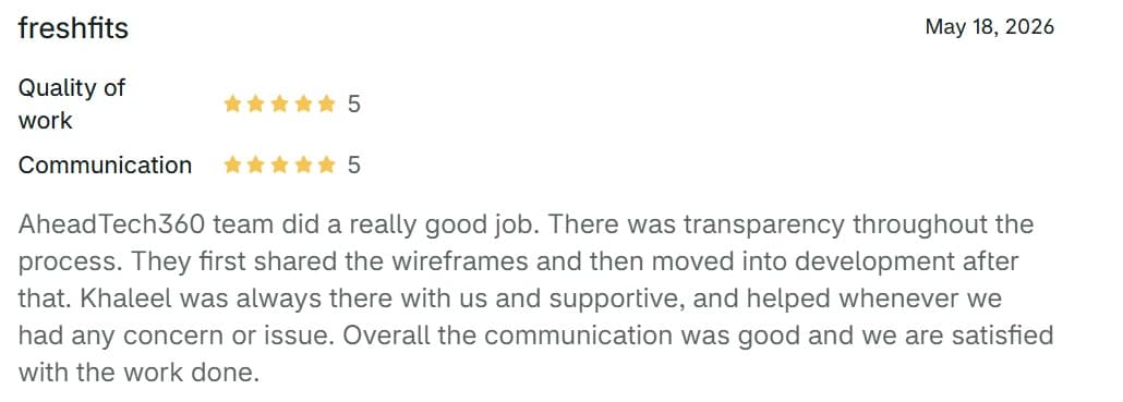 Five-star Shopify Partner review from freshfits praising the transparent process and communication