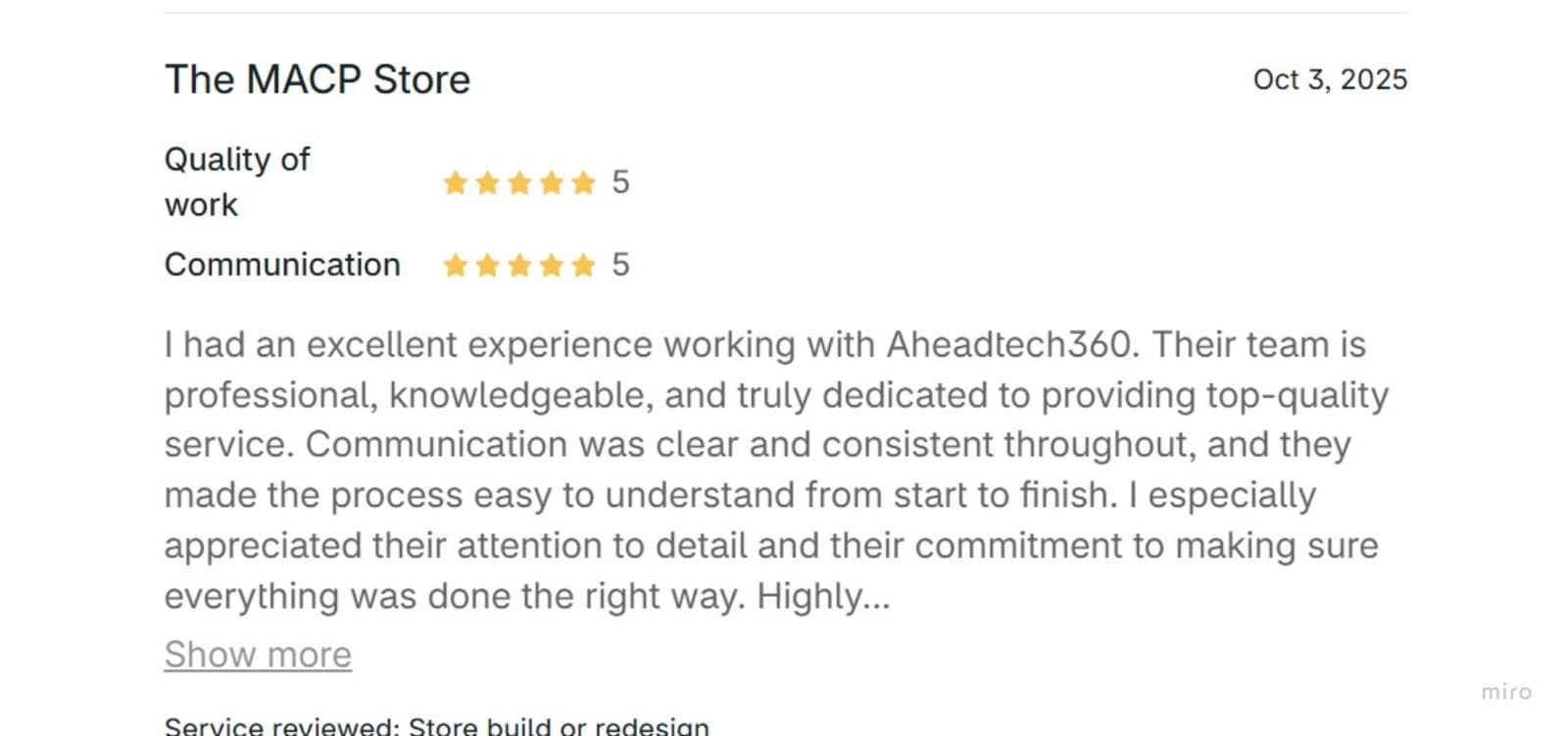 Five-star Shopify Partner review from The MACP Store praising communication and quality of work