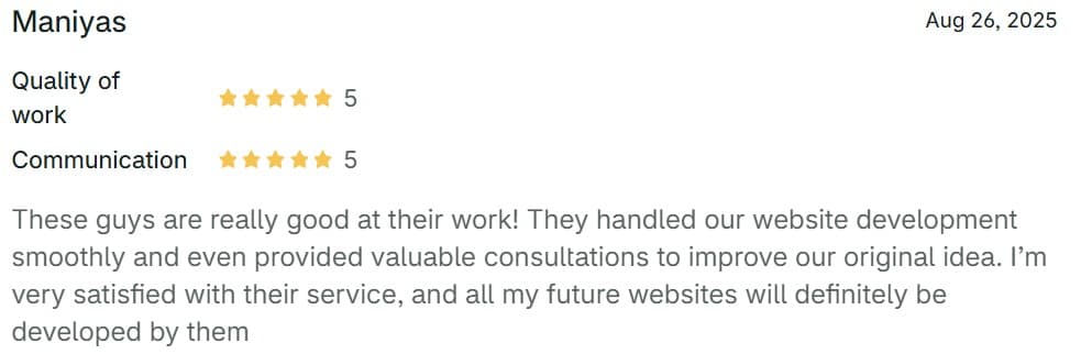 Five-star Shopify Partner review from Maniyas: “These guys are really good at their work!”