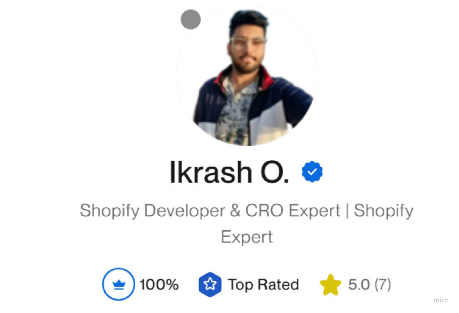 Upwork profile of Ikrash O.: Top Rated, 100% job success, 5.0 stars from 7 reviews