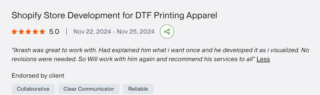 Five-star Upwork review of a Shopify store for DTF printing apparel: “No revisions were needed.”