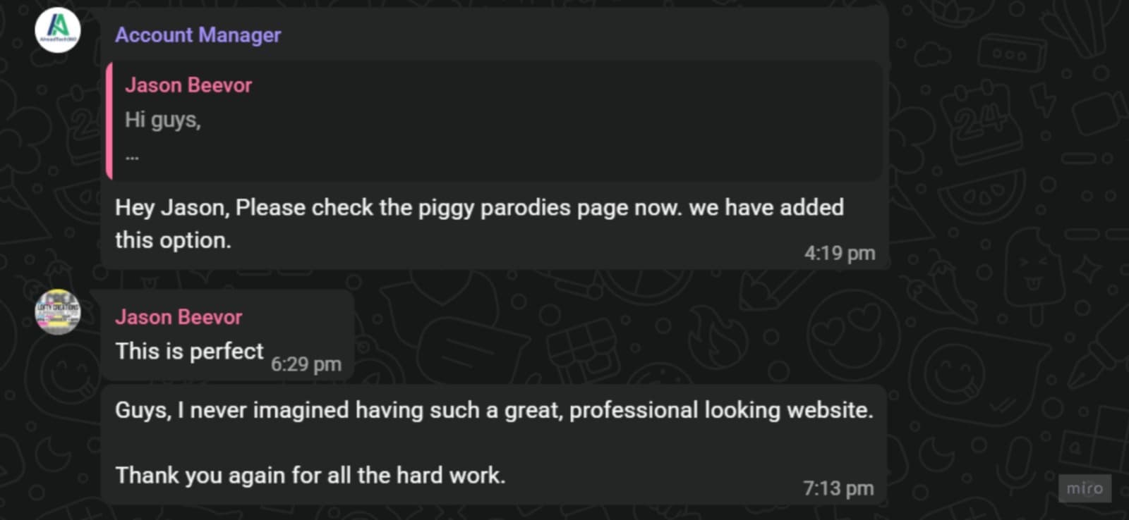 WhatsApp message from Lofty Creations: “I never imagined having such a great, professional looking website.”