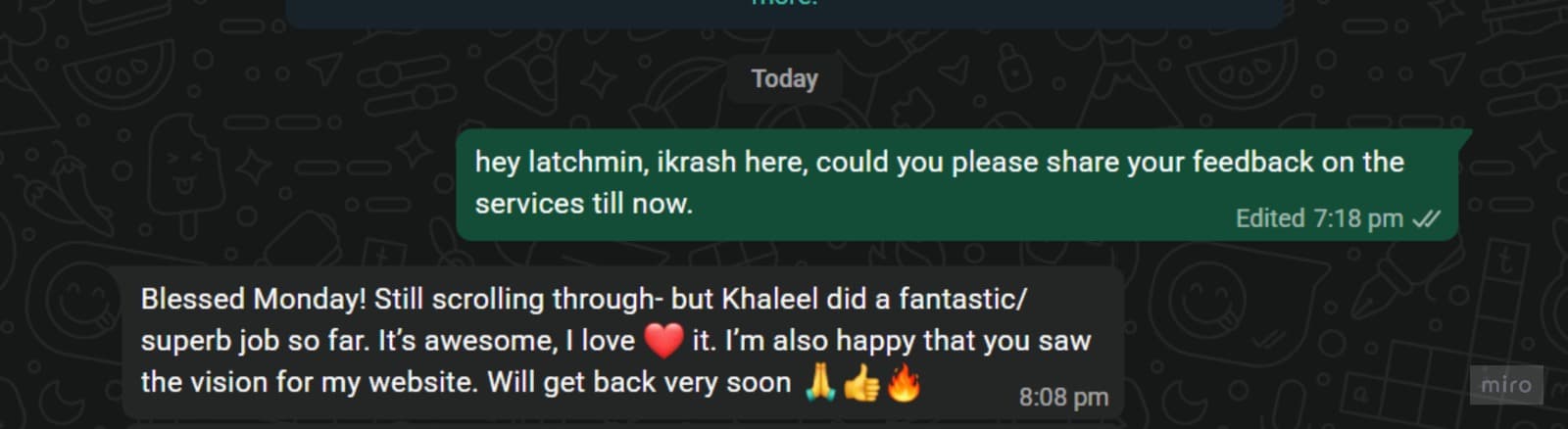 WhatsApp message from a client: “It’s awesome, I love it.”