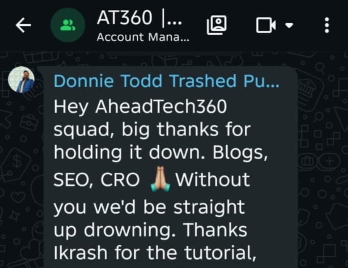 WhatsApp message from TrashedPunk thanking the team for the blogs, SEO and CRO work